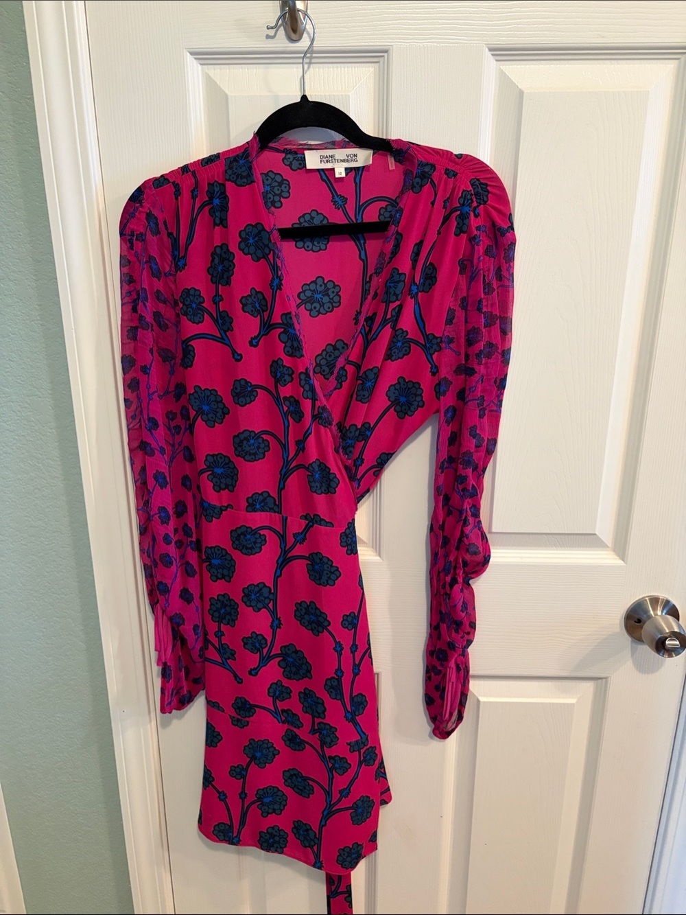 Diane Von Furstenberg Fuchsia Long Sleeve Wrap Dress with Navy Floral Print